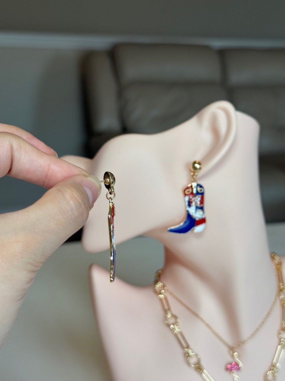 Gold Red, White & Blue Cowgirl Boot Drop Earrings - Picture 7 of 11